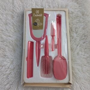 NEW 1960s Prolon Vintage Coral Rose Brush Comb Mirror Set 5 Pieces TV Prop